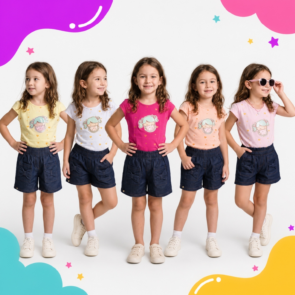 Conjunto Infantil Feminino Premium Blusa Estampada Short Jeans Com Elástico Confortável 2 Ao 8