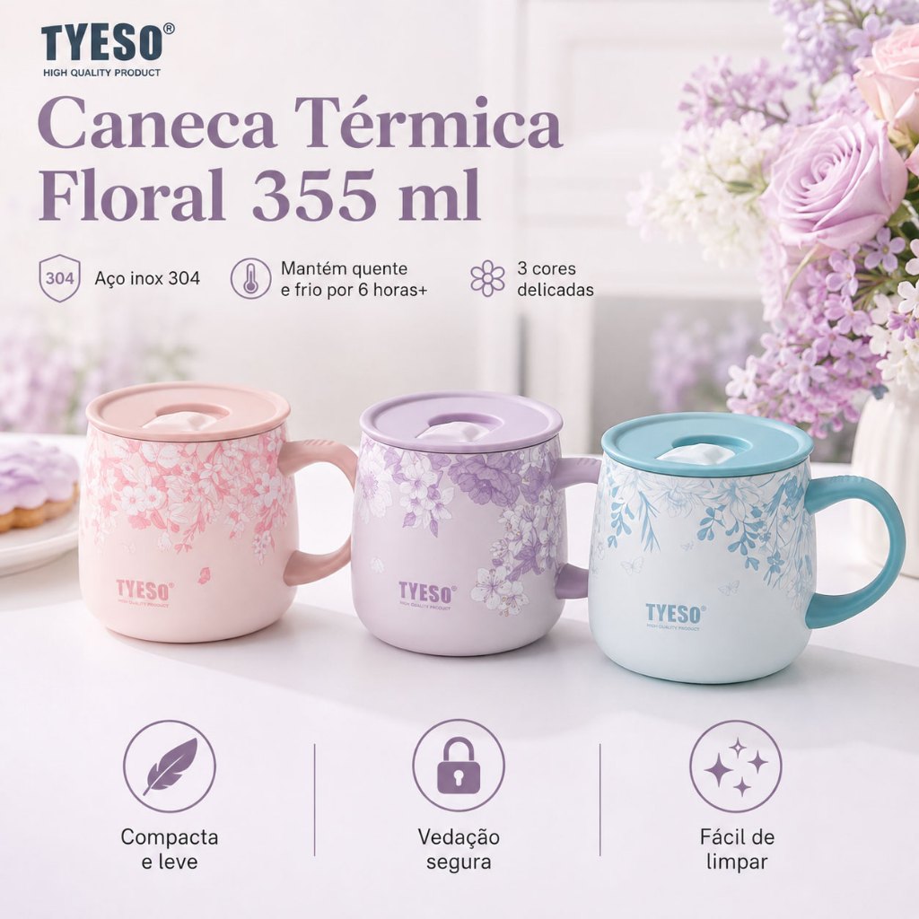 Caneca Decorada Floral TYESO Boca Larga Higienização Simples Material Seguro Sem Substâncias Tóxicas
