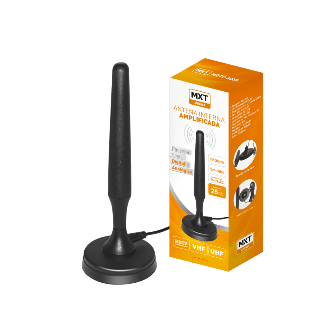 Antena Digital Interna MXT MDTV-400B VHF UHF 20dB 25dB Cabo 5m Bivolt 110-220V Conector F