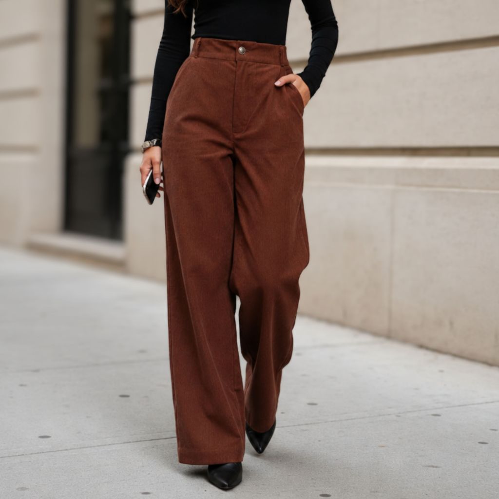 Calça Wide Leg Feminina Veludo Cotelê Cintura Alta Pantalona Social Elegante Com Bolsos — imagem 2 de 2