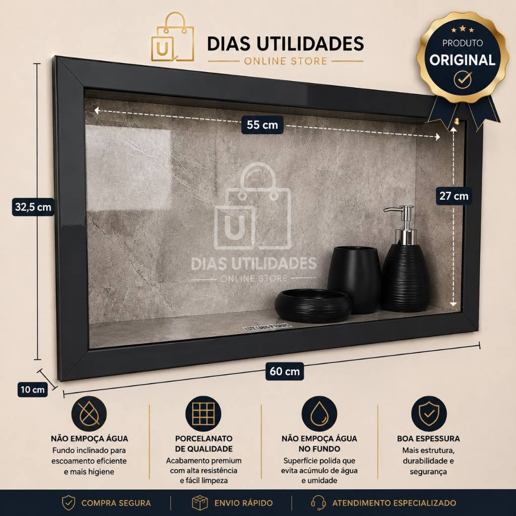 Nicho Porcelanato Mesclado Banheiro com Borda Alumínio Branco ou Preto