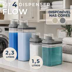 Kit 4 Peças Dispenser Flow 1,5 Litros e 2,3L Porta Sabão Líquido Amaciante Alvejante Organizador de Lavanderia Ou