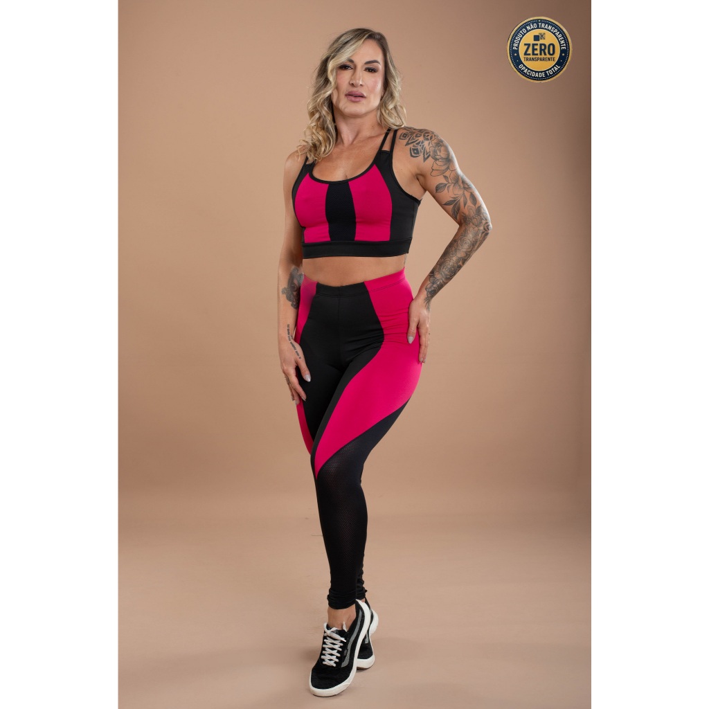 Conjunto Fitness Feminino Calça Legging Cintura Alta Detalhe Recorte E Top Cruzado Nas Costas Treino ZERO TRANSPARÊNCIA