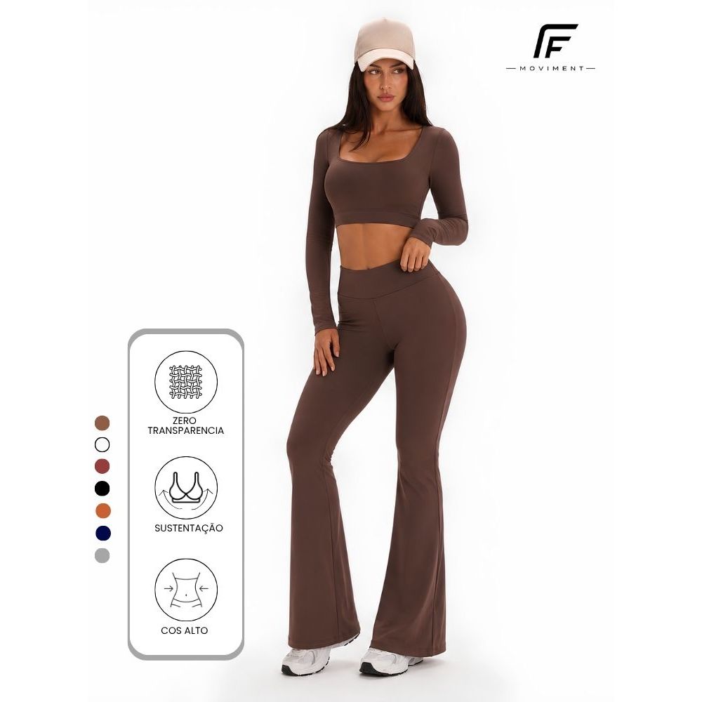 Conjunto de Academia Feminina Liso Zero Transparência Suplex Poliamida Flare Manga Longa Fitness