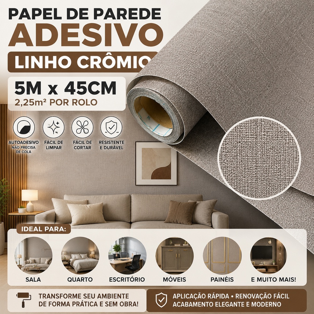 Papel de Parede Adesivo 5MX45CM Linho Marrom Importado Vinílico Ideal P/ Quarto Sala Escritório