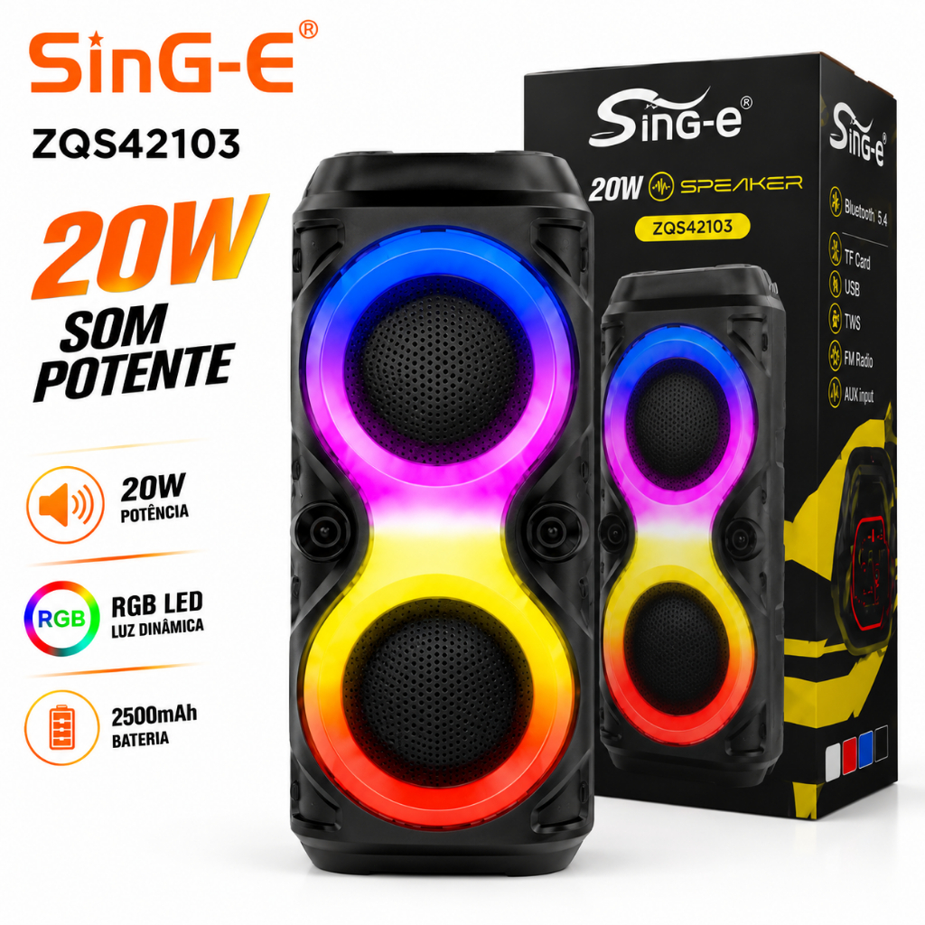 Caixa de Som Bluetooth ZQS42103 20W Potente RGB 2500mAh Portátil | Lacrado de Fábrica