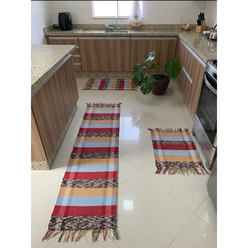 Tapetes Jogo de passadeira com 3 peças para cozinha/porta de entrada tear artesanal malha de algodão moldura/geometric