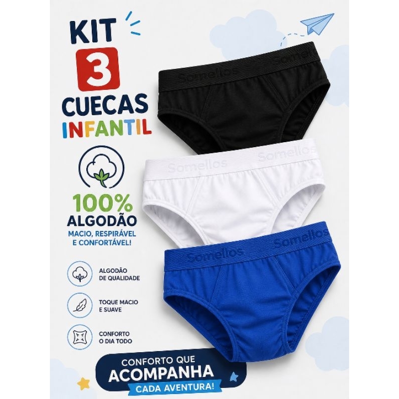 Kit cueca infantil 100%algodão.Cueca infantil kit 3 peças 100% algodão.Conforto pra qualquer aventura P M G GG