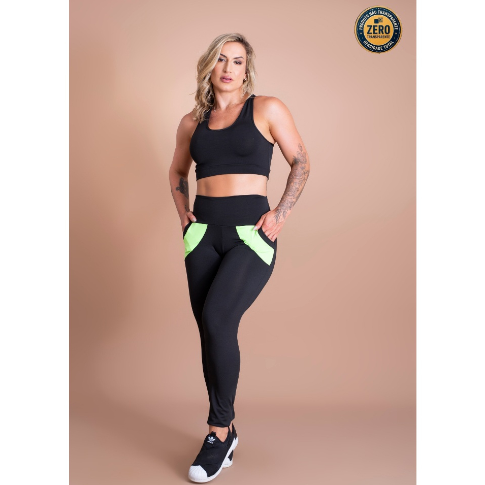 Conjunto Fitness Feminino Calça Legging Cintura Alta Bolso E Top Nadador Sustentação Básico Academia ZERO TRANSPARÊNCIA