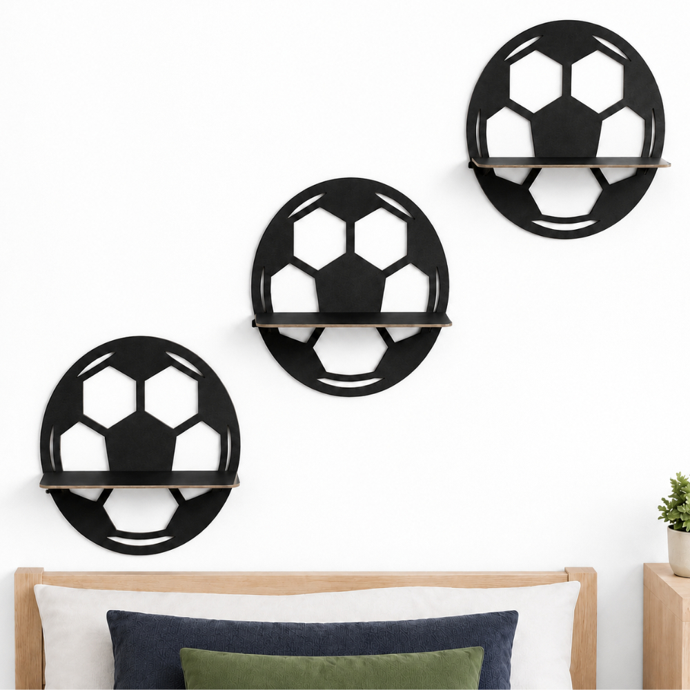 Kit 3 Nichos Prateleira Bola De Futebol Decorativo Cabeceira MDF Infantil Organizadora