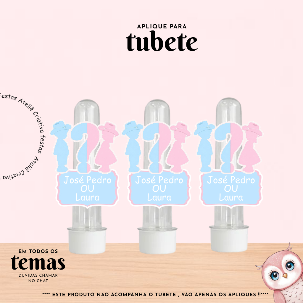 Aplique para Tubete Personalizado com nome Cha Revelação  Lembrancinha Festa Infantil Aniversário Mimo TODOS OS TEMAS