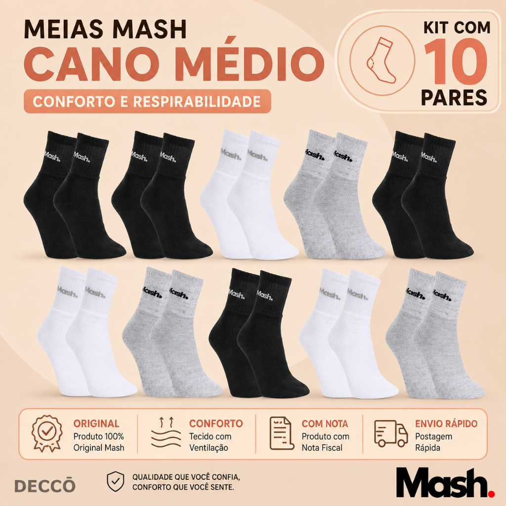Kit Com 10 Pares De Meias Mash Casuais e Esportivas Em Algodão Cano Médio e Com 