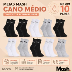 Kit Com 10 Pares De Meias Mash Casuais e Esportivas Em Algodão Cano Médio e Com Calcanhar Verdadeiro