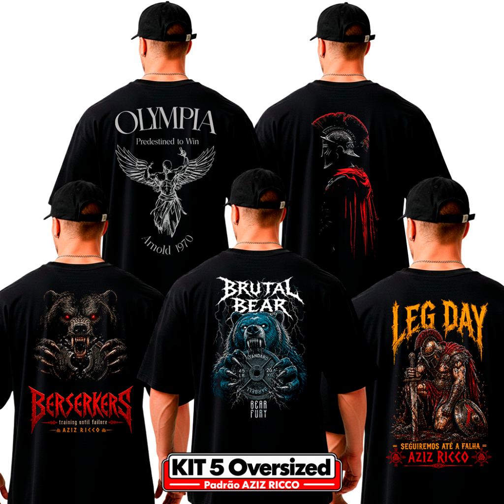 KIT 5 Camisetas Oversized Masculina Academia | 100% Algodão 30.1 | Combo AZIZ 001