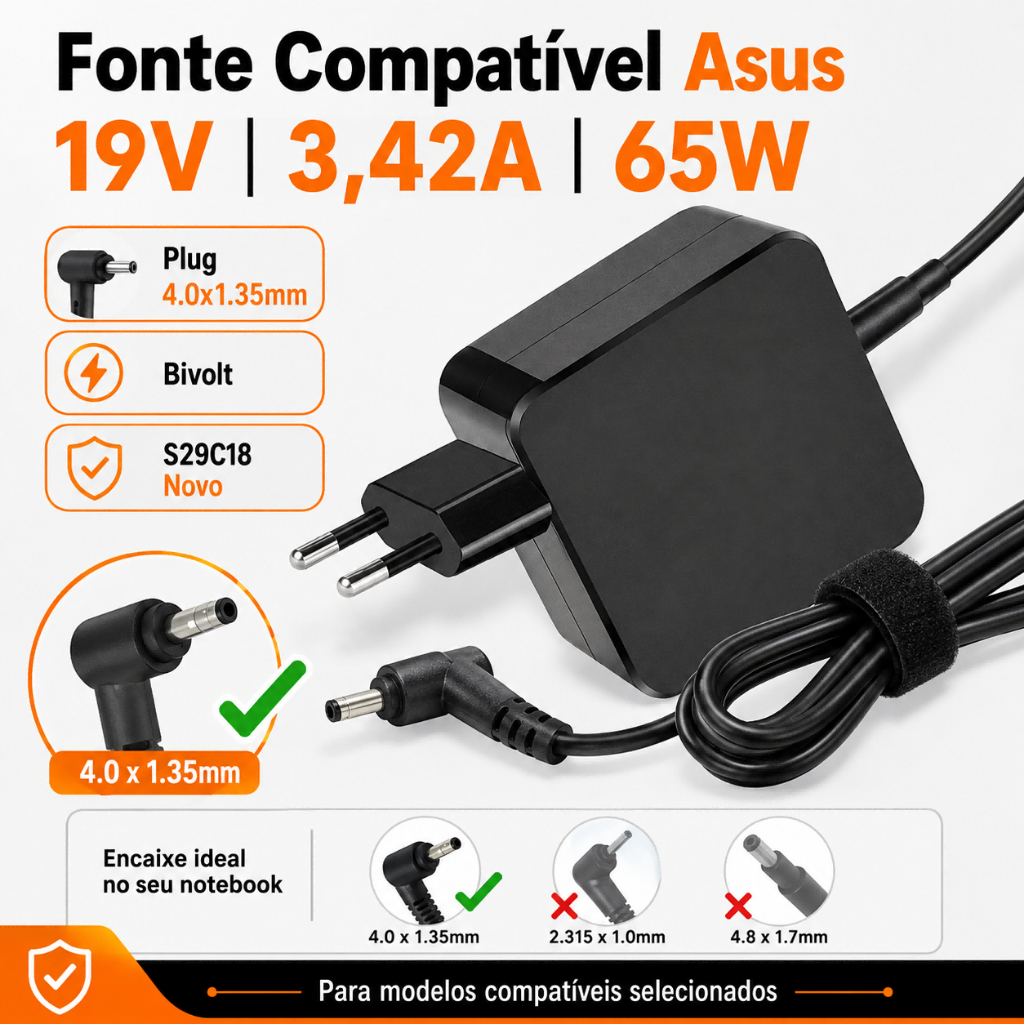 Fonte Carregador Notebook Asus Compatível S29C18 Novo 19V 3,42A 65W Plug 4.0x1.35mm Bivolt