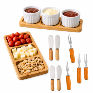 Kit Petisqueira de Bambu 2 Tábuas de Frios com 4 Garfos 4 Espatulas 3 Ramequim Mesa Posta