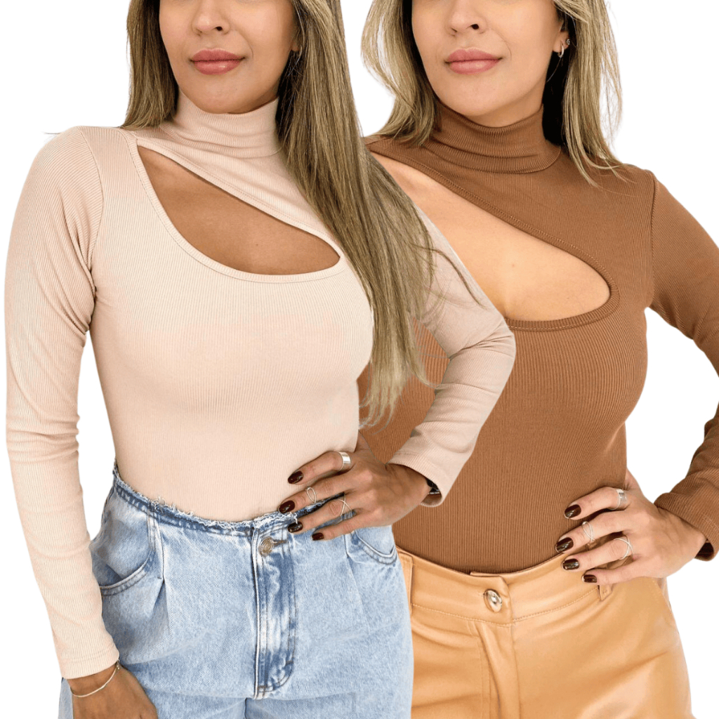 Blusa Feminina Canelada Manga Longa com Recorte Decote Elegante Frio Inverno Boho Chic Luxo Moderna.