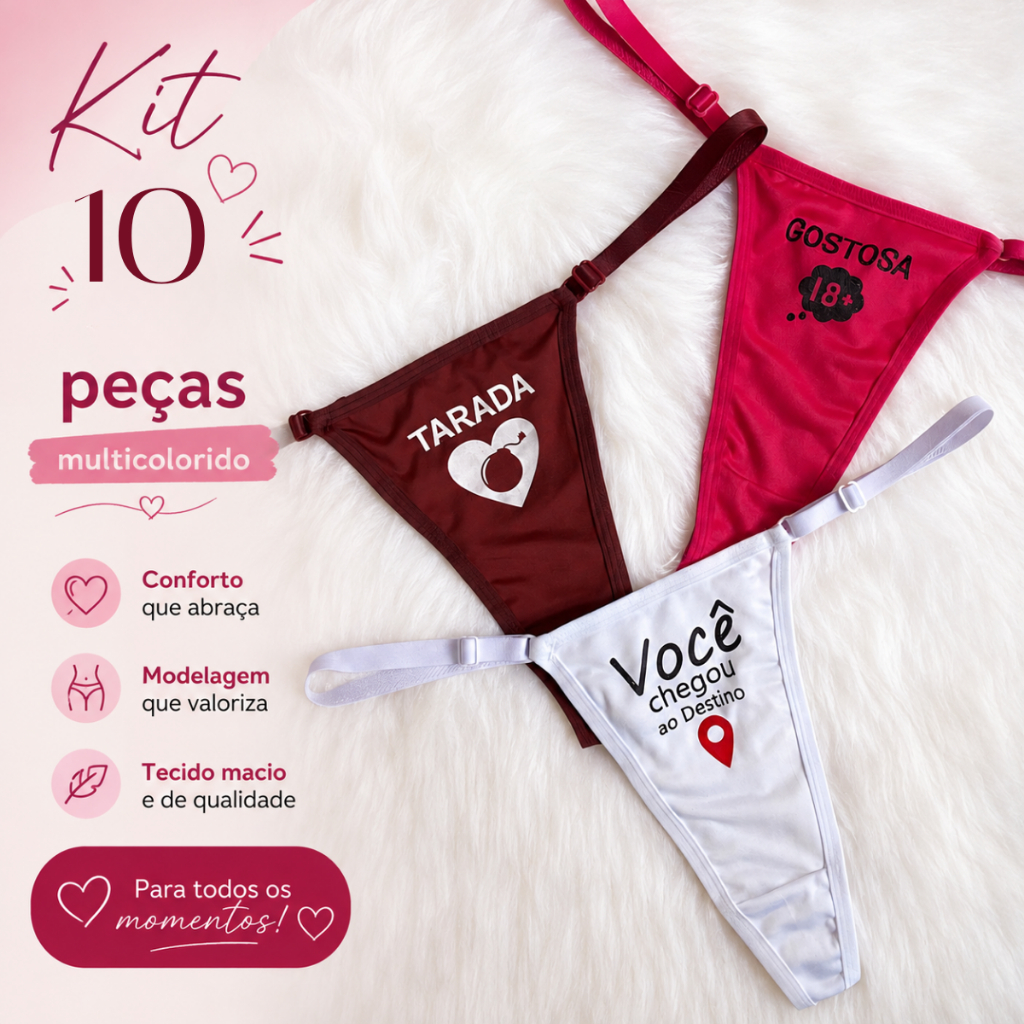 Kit 10 Calcinhas Fio Dental Mid Size Plus Size Sensuais Frases Picantes 46,48,50,52