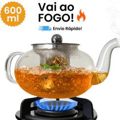 Chaleira de Vidro 600ml Borossilicato Vai ao Fogo | Bule para Chá com Infusor Inox Resistente