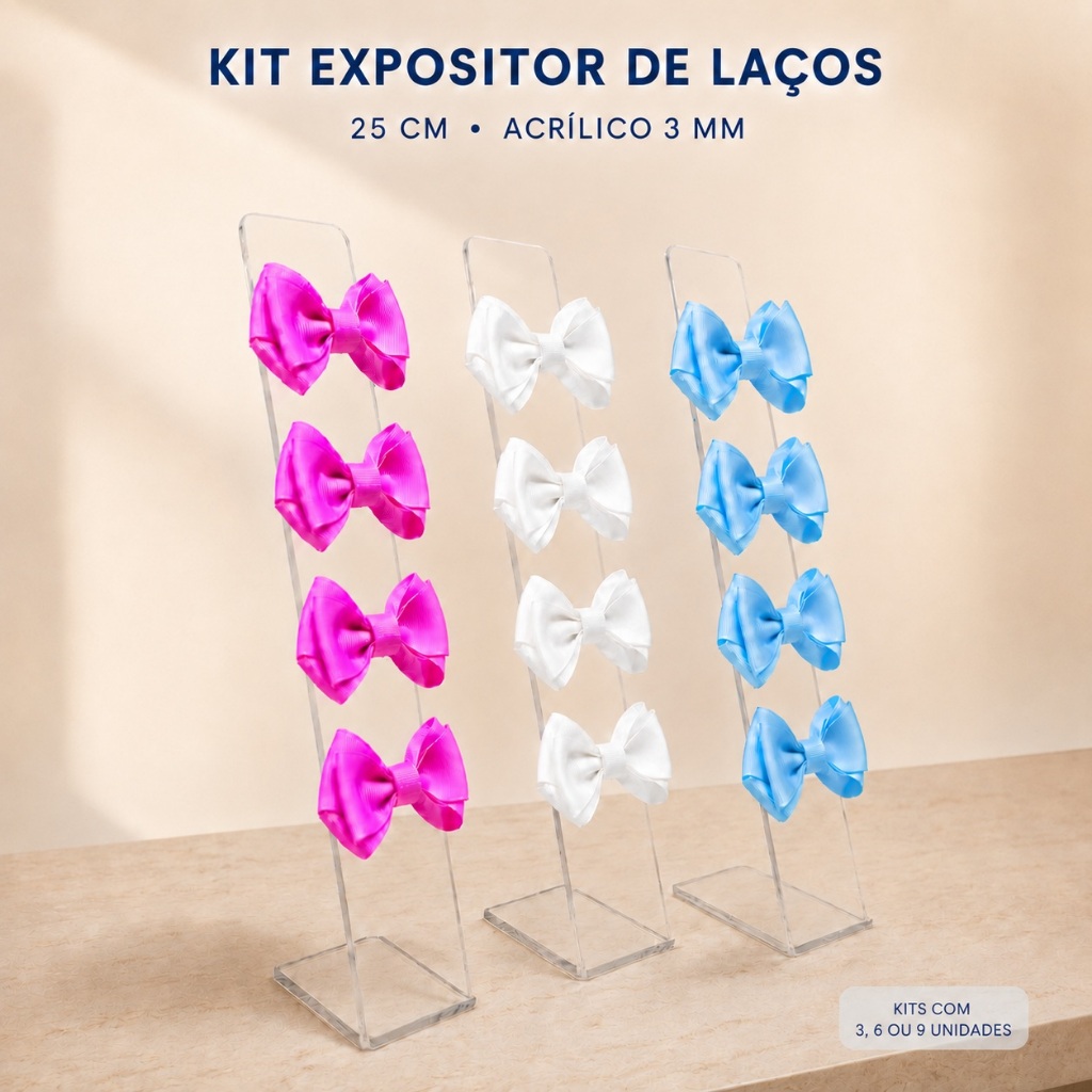 Expositor para Laços em Acrílico Cristal 3mm 25cm Porta Laços para Vitrine e Organização Kits 3, 6 ou 9