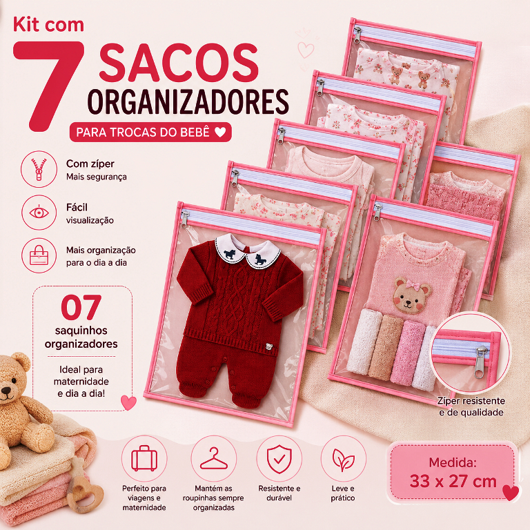 Kit 7 Saquinhos Maternidade Organizador Mala Bebê 27x33 Cm VIAGEM/ROUPA SECA e MOLHADA