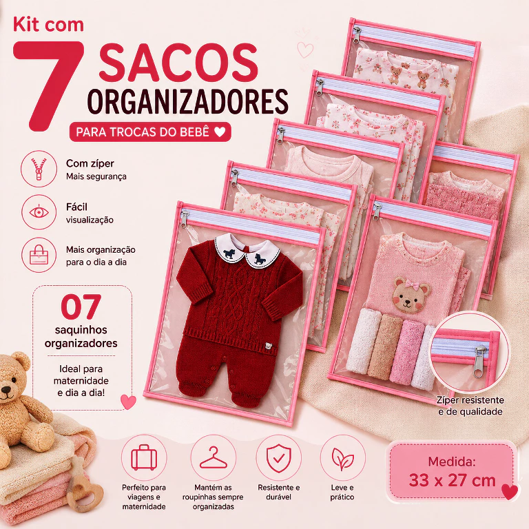 Kit 7 Saquinhos Maternidade Organizador Mala Bebê 27x33 Cm VIAGEM/ROUPA SECA e MOLHADA