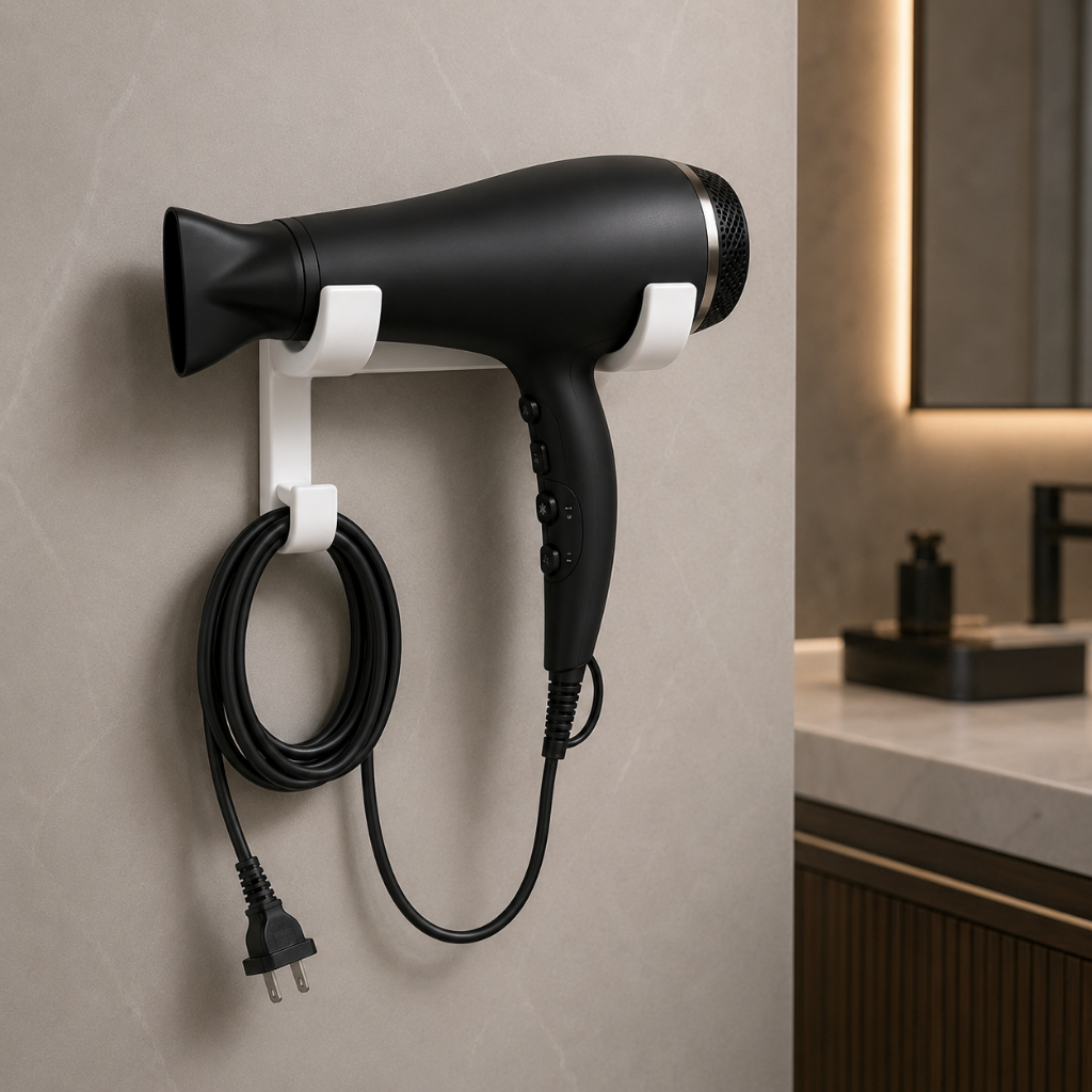 Suporte SECADOR CABELO PAREDE e Com Porta Cabo Fita Forte Sem Furar Parede Organizador Para Banheiro Hospedagem