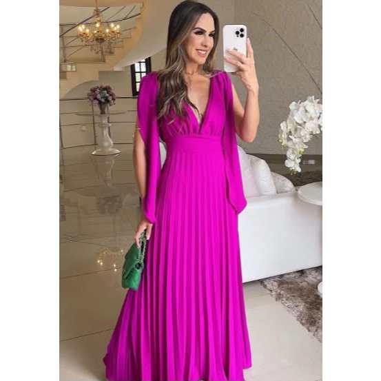 VESTIDO LONGO DUNA PLISSADO DECOTE V PRA MADRINHA FESTA SOCIAL COM LACOS NO OMBRO