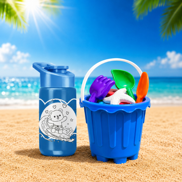 Kit Baldinho de Praia infantil + Garrafinha de Água 500ml Plástico