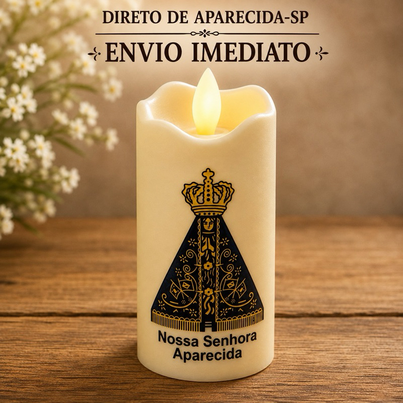 Vela Nossa Senhora Aparecida LED Chama Viva Eletrônica a Pilha