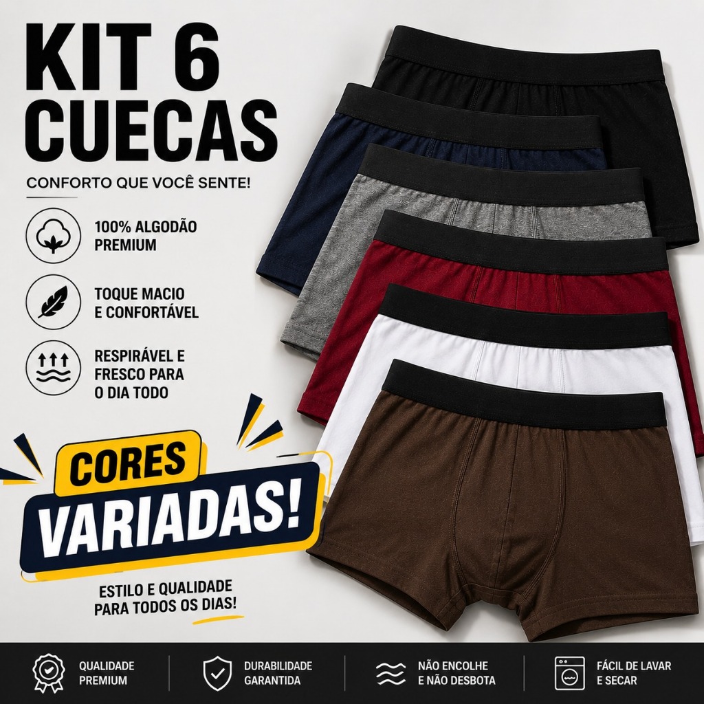 Kit 6 Cuecas Boxer Masculinas Algodão Premium Cores Variadas — imagem 2 de 2