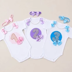 Body Mesversario Para Bebê Kit Com 3 Peças Roupa De Mês Personalizado Temático Menina