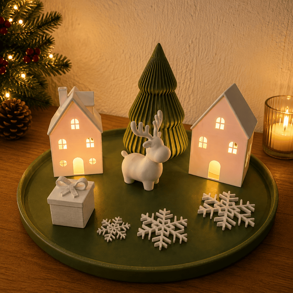 Kit Decoração Natalina com Casinhas Iluminadas, Árvore, Alce e Bandeja – Enfeite de Natal Branco e Verde Oliva