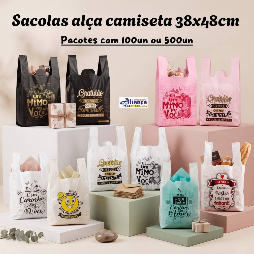 Sacola Plástica 38x48cm Resistente Volte Sempre Gratidão sacola alça camiseta