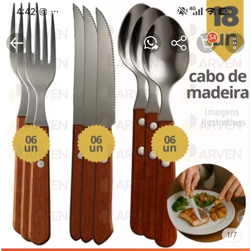 Kit 18 Talheres de Cozinha Inox Cabo de Madeira 6 Garfos + 6 Facas + 6 Colheres de Mesa