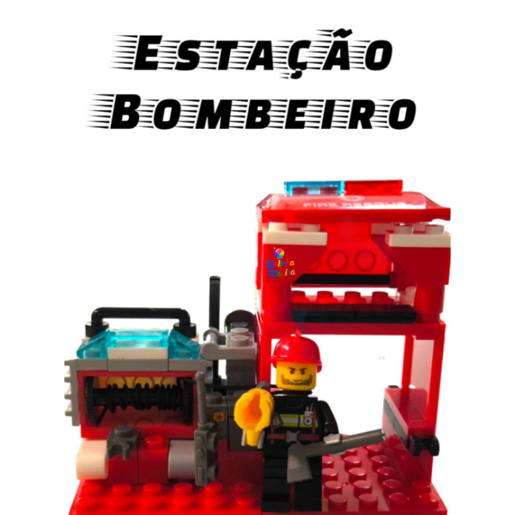 Kit Bloco De Montar Estação de Bombeiro 79 Peças 3 em 1 Brinquedo Educativo Lembrancinha Infantil