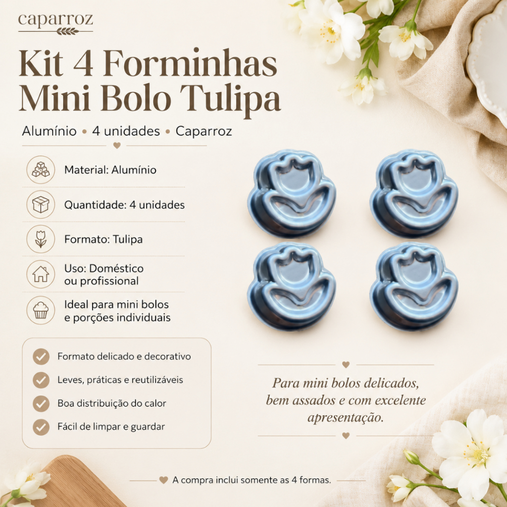 Kit 4 Forminhas Mini Bolo Tulipa Alumínio Caparroz para Festa Casamento Sobremesa Confeitaria