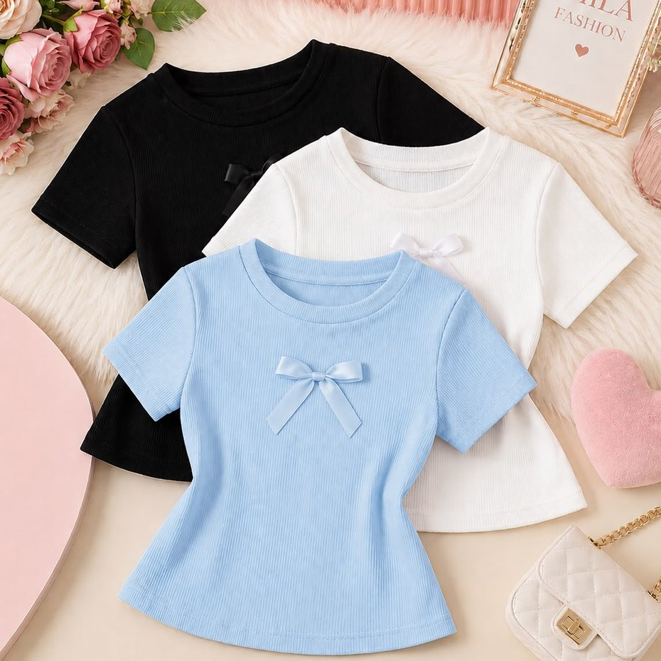 Blusas infantil menina manga curta com lacinho 4 a 12 anos