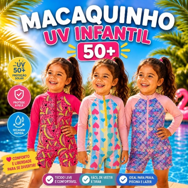 Macaquinho Macacão Infantil UV 50+ Moda Praia Piscina Natação Proteção Solar