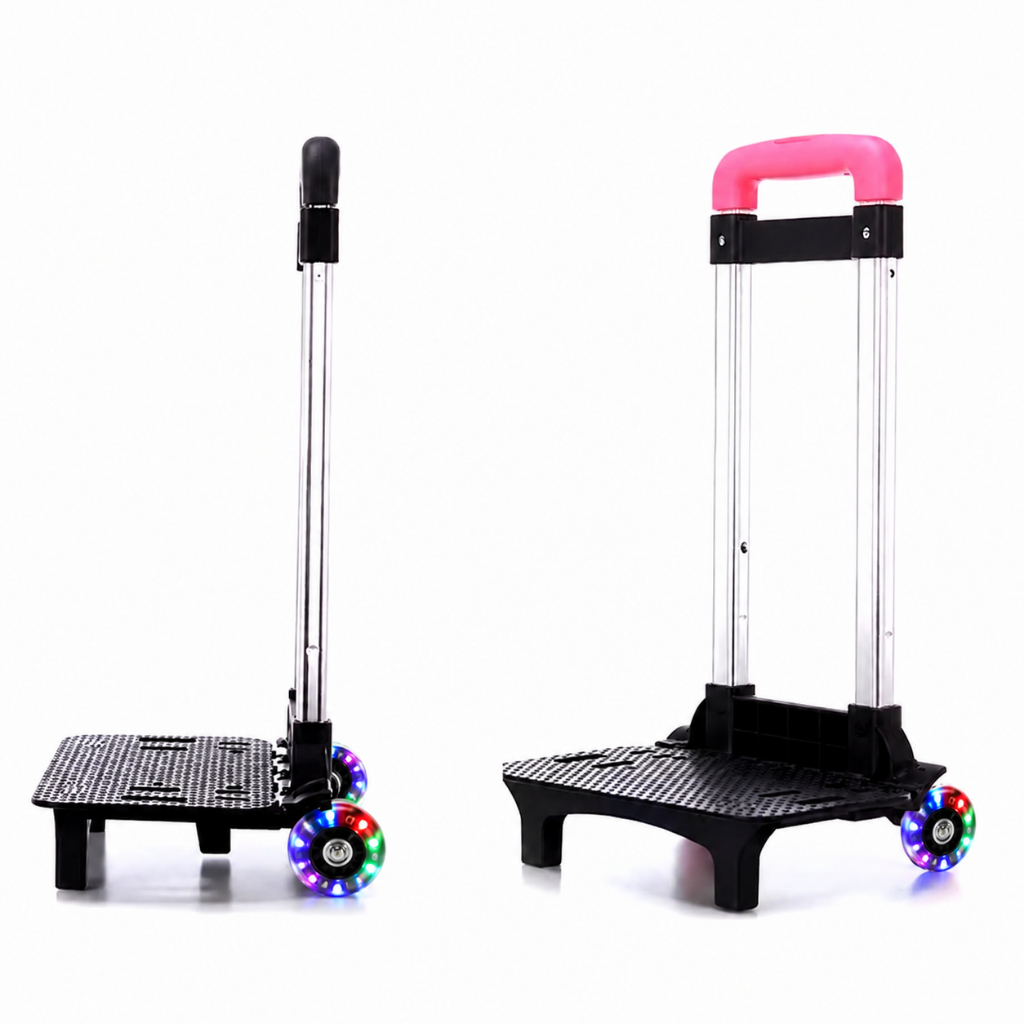 Carrinho Dobrável Portátil com Rodas LED para Mochila Escolar, Bagagem e Compras