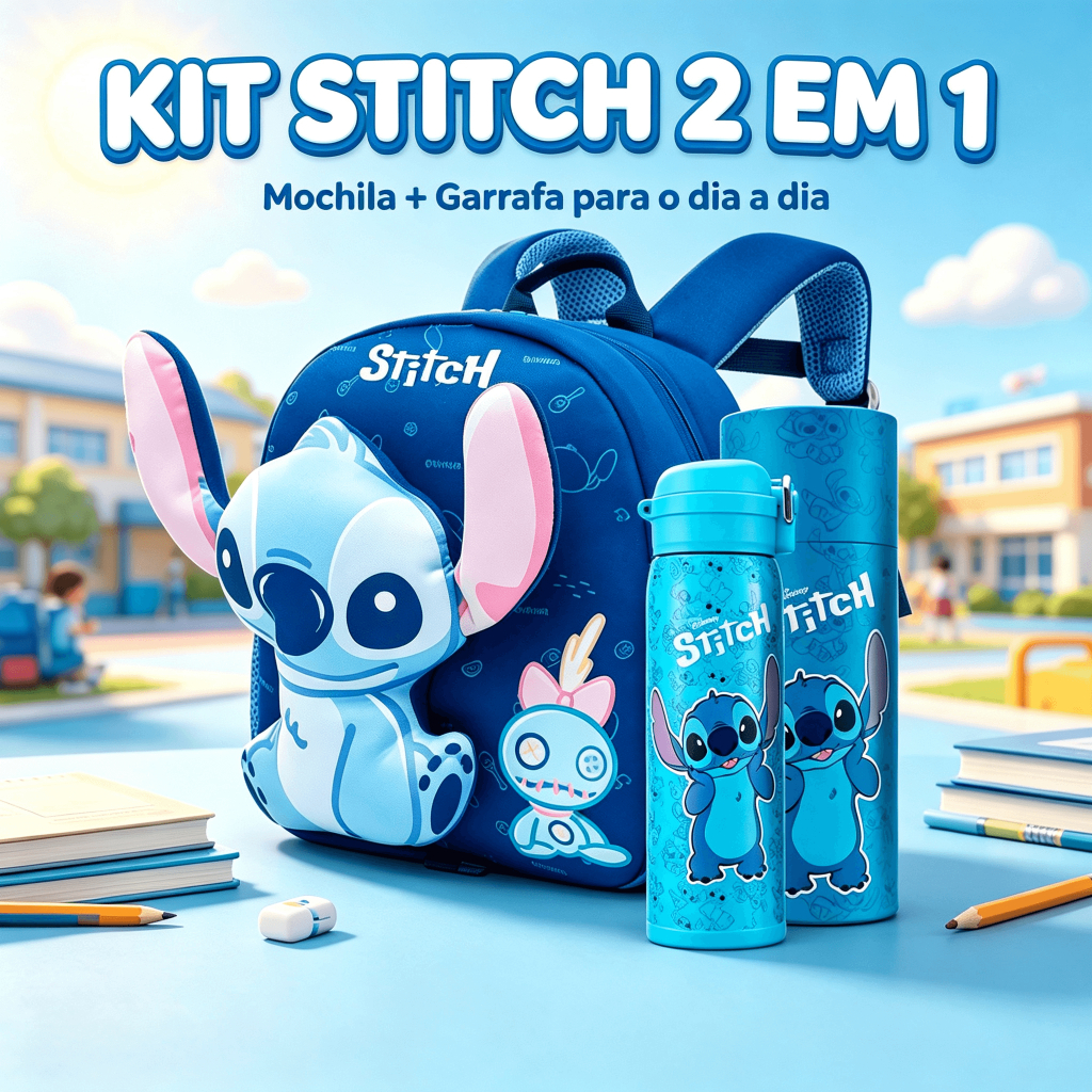 Kit Mochila Garrafa Infantil Disney Stitch Escolar Passeio Menina