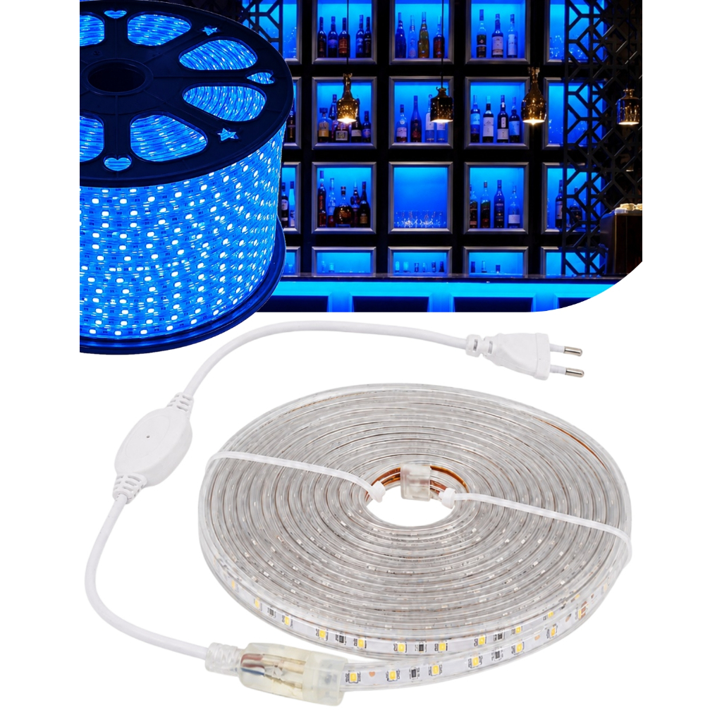 Fita Led Azul Mangueira Chata 5050 127V 220V Ligação Direta na tomada 1 a 10 Metros Luz Azul Decorativa Decoração IP65