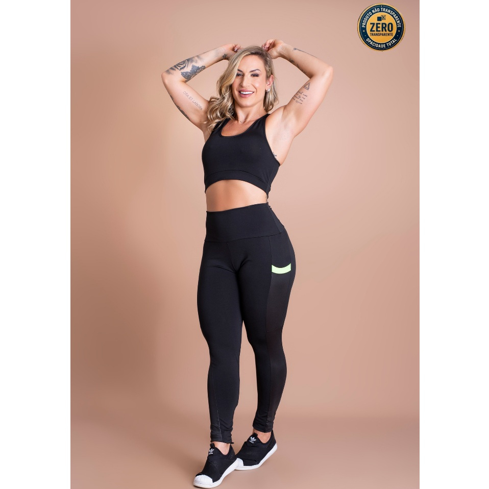 Conjunto Fitness Feminino Calça Legging Cintura Alta Bolso Cirrê E Top Nadador Liso Básico Academia ZERO TRANSPARÊNCIA