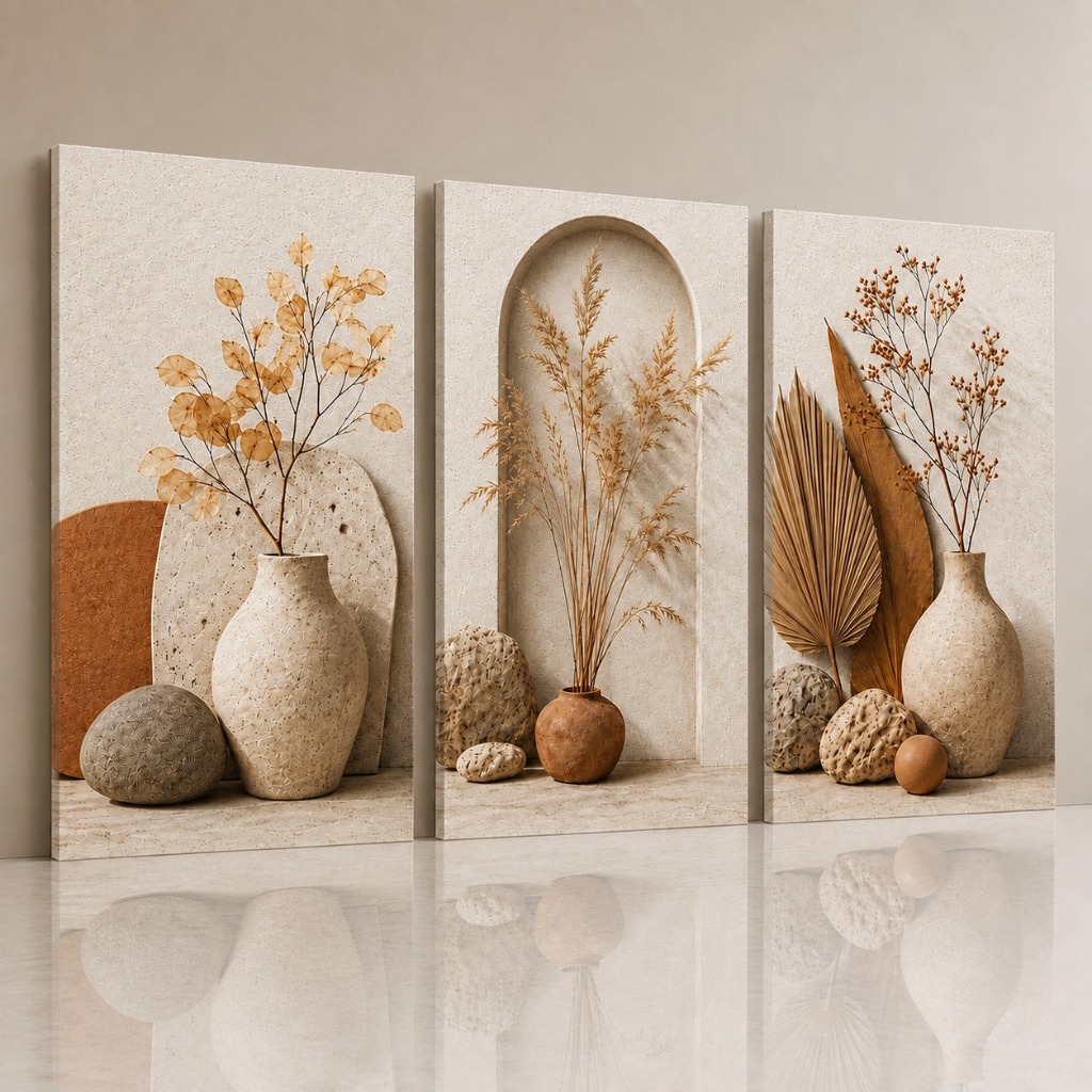 Kit 3 Quadros Decorativos Vasos Plantas Secas Folhagem Bege para Sala