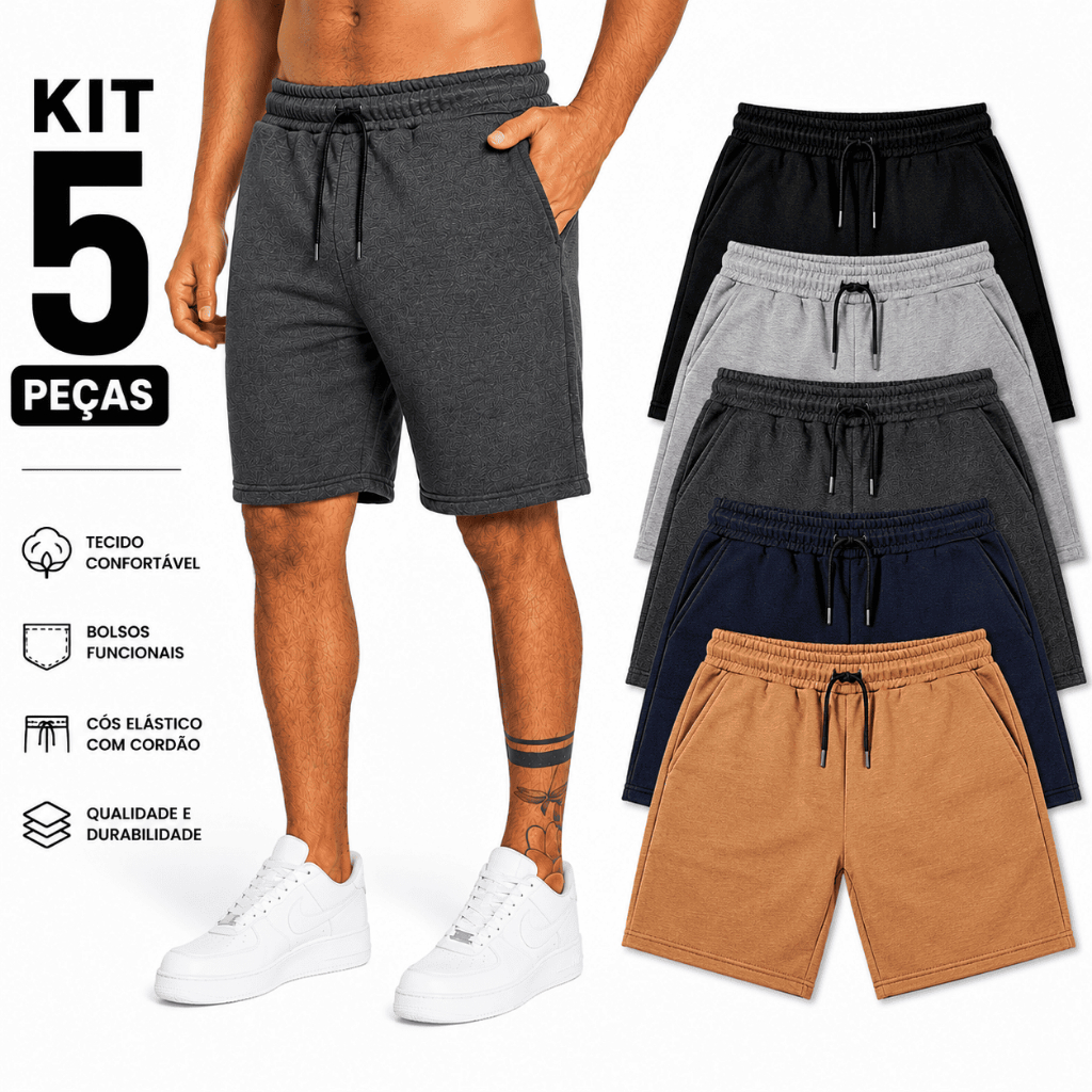 Kit 5 Bermuda Short De Moletom Masculina Com Bolso Treino Academia