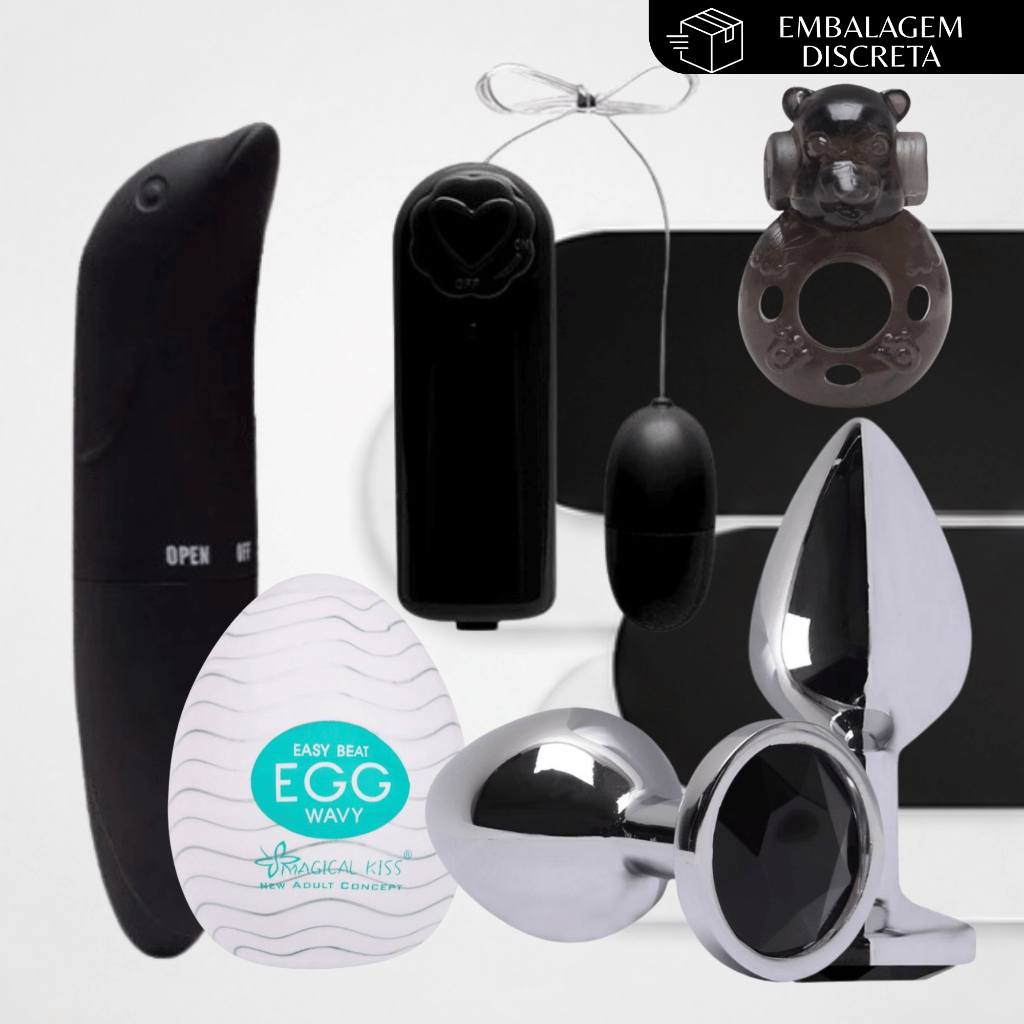 Kit Sex Shop 05 Itens com Golfinho Ponto G Bullet Vibrador Plug Anal Egg Masturbador e Anel Peniano