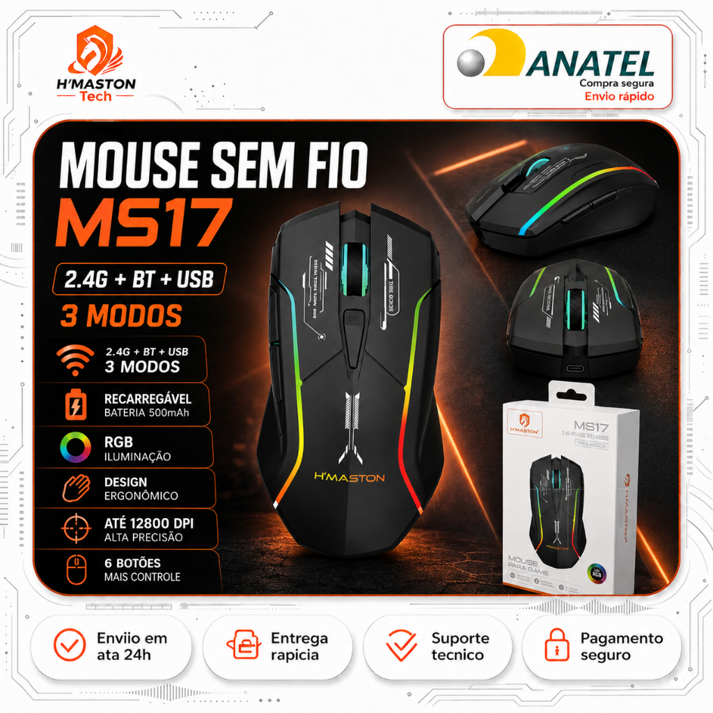 H'Maston MS17 Mouse Sem Fio Para Notebook Mouse Com Fio Mouse Gamer Sem Fio Mouse Sem Fio Recarregável Mouse Bluetooth
