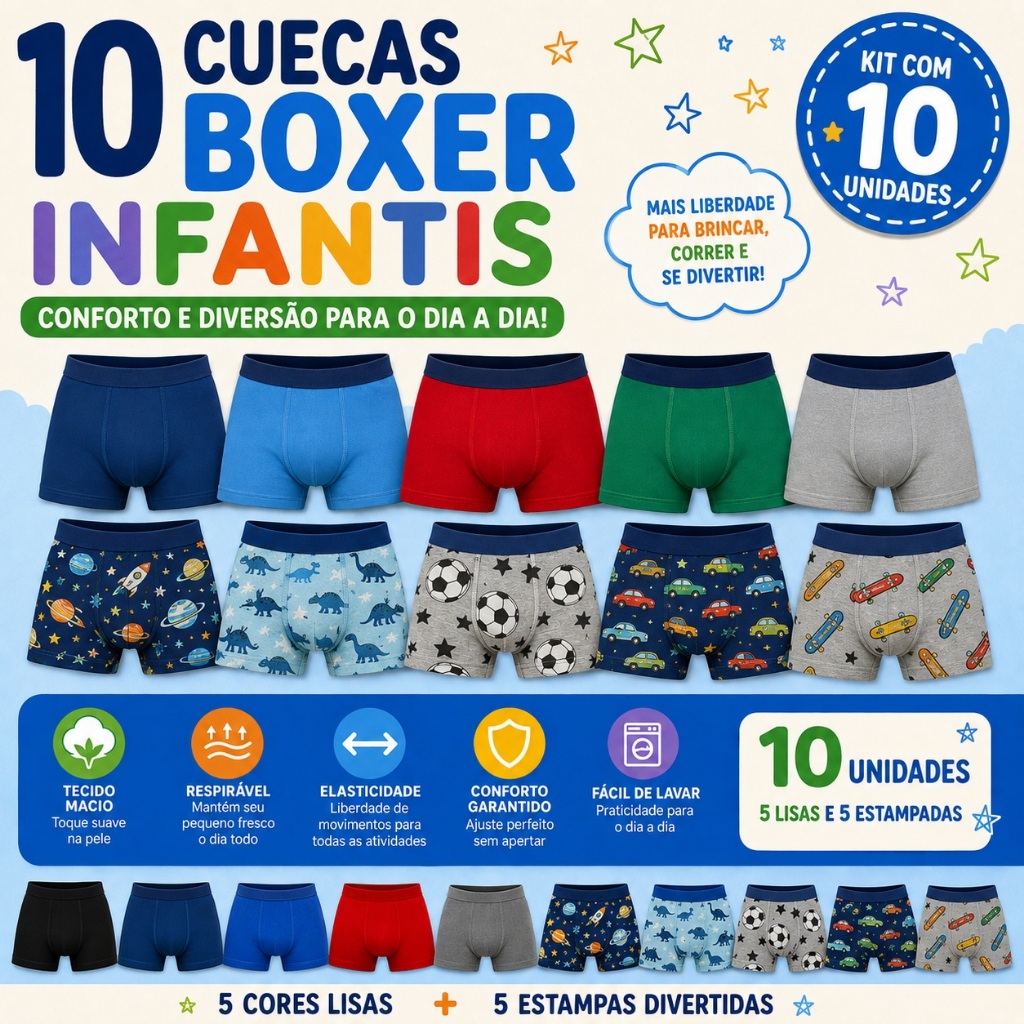 Kit 5 ou 10 Cueca Boxer Box Infantil Microfibra Premium