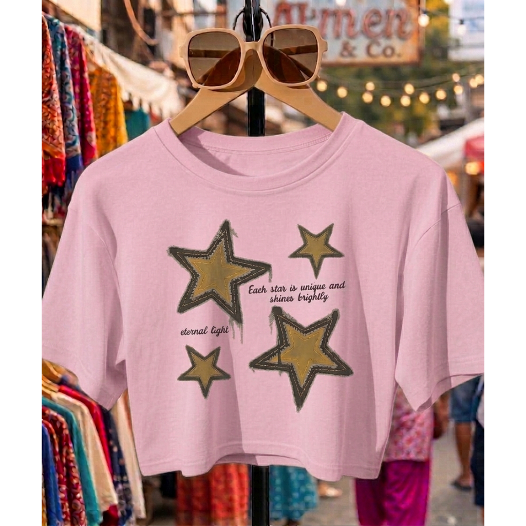 Cropped Feminino Oversized Estampa Estrelas Blusa Manga Curta Algodão Cropped Soltinho Streetwear Casual Moda Femininoi