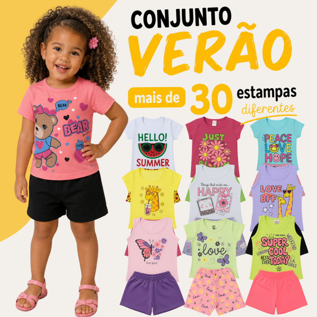 Kit 12 Peças Conjunto Infantil Menina Conjunto Infantil Verão Dia A Dia Feminino 1 a 8 Anos Blusa + Shorts